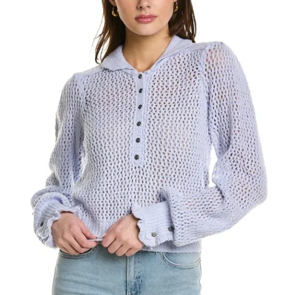 Free People SNOWDRIFT Open Knit Henley Pullover Sweater in Peri Ice M NWOT $138 - Picture 8 of 12